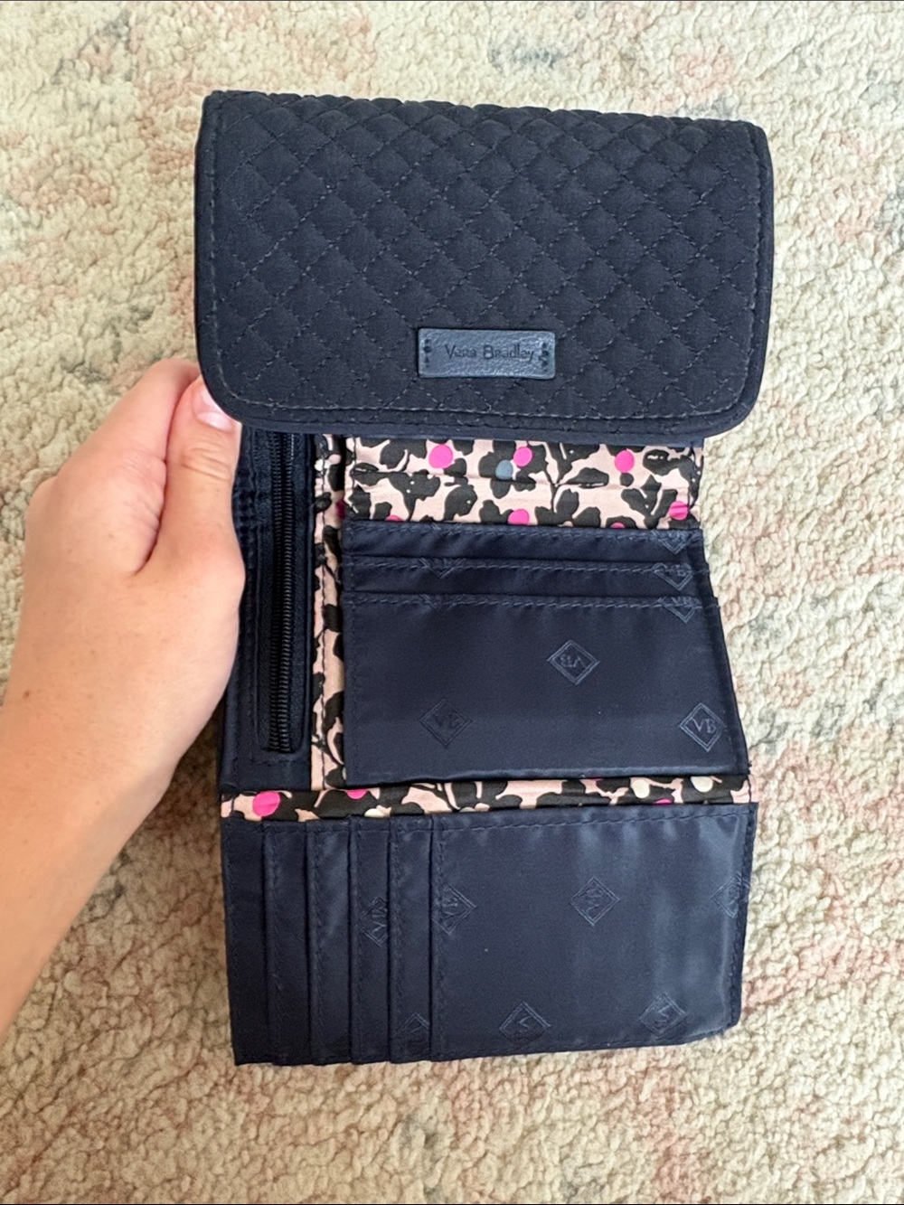 Vera Bradley Black Quilted Trifold Wallet with Pink Floral Liner